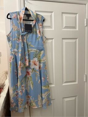 Halston Heritage Sky Blue Floral Tie-Neck Midi Dress